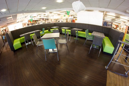 Restaurant seating with a modern colour scheme